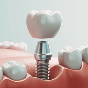 Zahnimplantat mit Zahnkronen auf weißem Hintergrund
